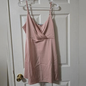 NWOT Studio 19 Y2K Blush Pink Satin Mini Slip Dress/Tunic, Pleated Wrap Neckline